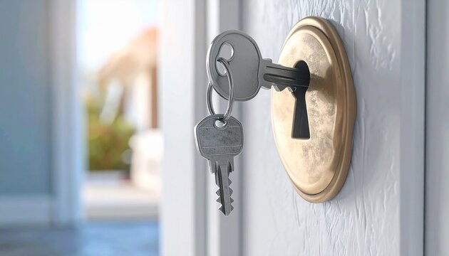 Close up home key with house keyring in the door keyhole. Buy new home concept.