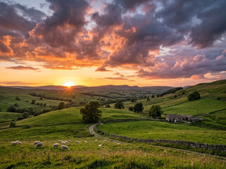 Fototapeta premium Rolling green hills and sheep at sunset with dramatic cloud formations