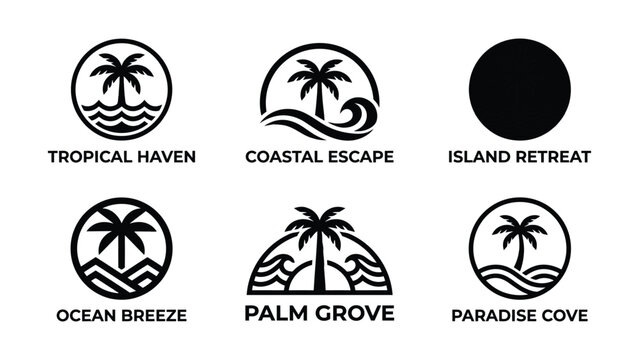 Tropical palm tree icons with beach and sea wave logos