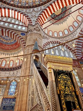 Interior of the Selimiye Mosque with minbar and dome in Edirne, Turkey - -July, 2026.