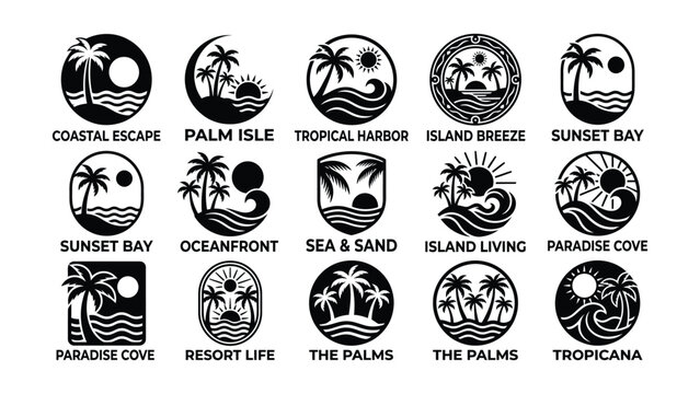 Tropical beach logo icons with palm trees and sunsets
