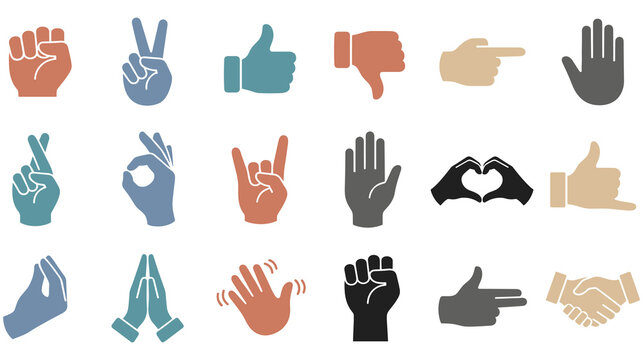 Collection of various hand gesture icons in flat style.