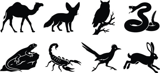 Obraz premium Black silhouette set of desert wildlife animals including camel snake scorpion and fox vector icons