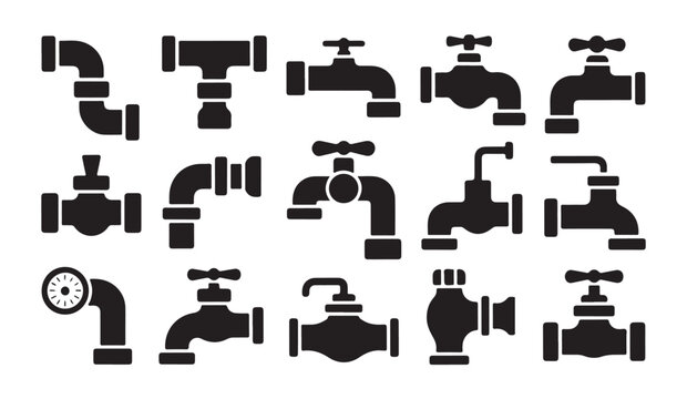 Vector collection of black icons featuring various water pipe connectors and metal faucets.