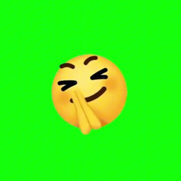 Playful yellow emoji character subtly suppressing a burst of laughter, covering its mouth in a gesture of bashfulness or amusement, against a customizable green screen backdrop