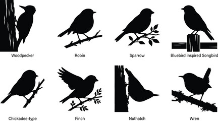 Black silhouette vector illustration set of common garden songbirds and woodland birds on white background © MdMahedi