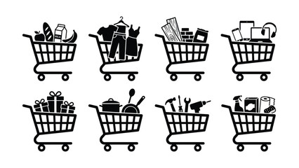 Shopping cart icons with various products © NasimaAktar