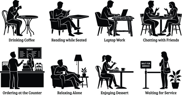 Set of black and white cafe people silhouettes showing diverse customers relaxing working and ordering coffee