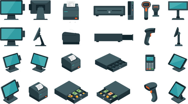Detailed point of sale system illustration with cash register card reader and display screen for restaurants and cafes
