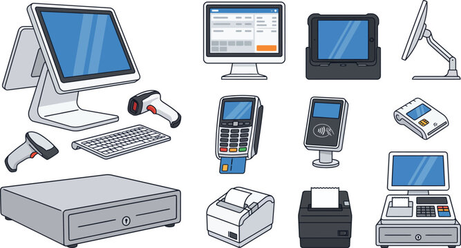 Detailed vector illustration of retail checkout equipment including a scanner card reader and cash register showcasing modern commerce