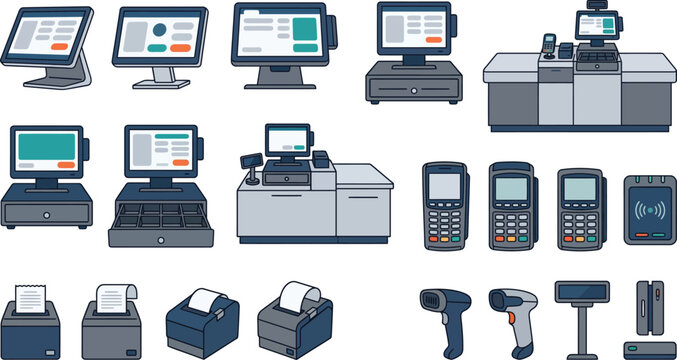 Modern retail checkout counter with pos system barcode scanner and card reader vector illustration colorful design