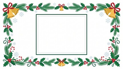 Fototapeta premium A festive Christmas border with holly, bells, and red bows surrounds a blank frame on a white background.