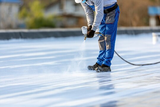 Professional worker in blue work uniform spraying white protective waterproof coating on flat building roof outdoors on a bright sunny working day