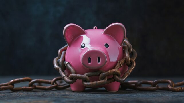 Pink ceramic piggy bank bound with heavy iron chains. Concept of frozen assets, debt, or financial security