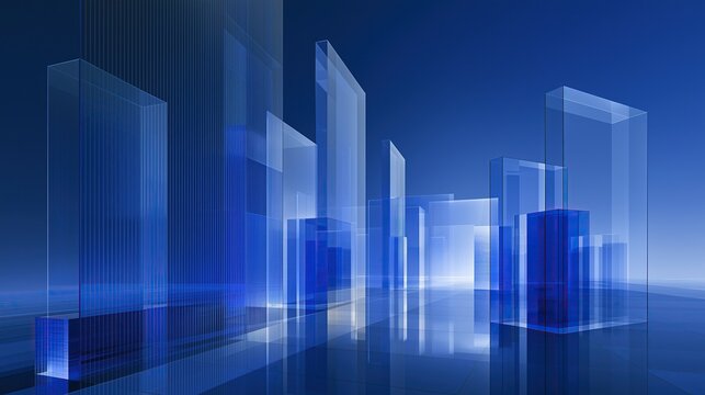 Abstract city skyline made of multiple overlapping translucent ribbed blue glass rectangular blocks against solid deep blue background creates modern futuristic architectural art