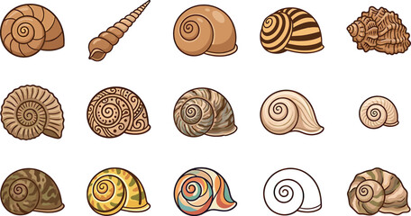 Vector collection of various spiral seashells and snail shells isolated on a white background for marine summer design concepts. © ALOMGIR