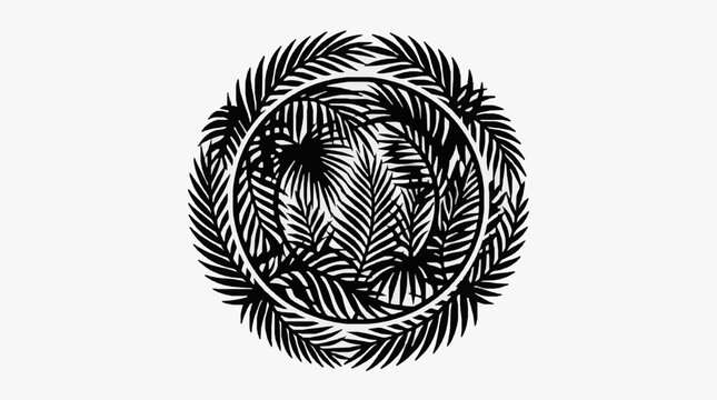 Intricate black and white circular fern leaf pattern design.