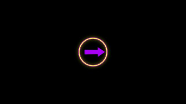 Glowing purple arrow inside circle against dark background a icon centered inside a circular frame, set against a solid black neon direction sign pointer navigation