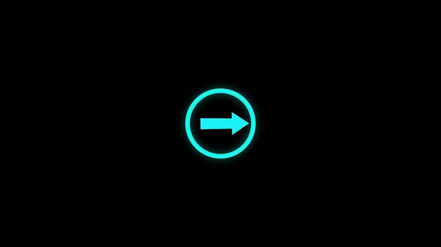 Cyan neon arrow inside circle against dark backdrop a bright icon pointing to the right, centered within a glowing circular border on black glowing direction pointer navigation sign