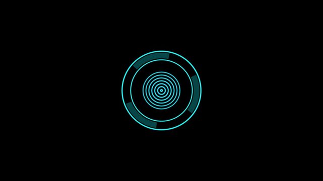Cyan concentric circles abstract motion graphic a futuristic animation of rotating and rings in glowing against a black background circle rings futuristic technology interface
