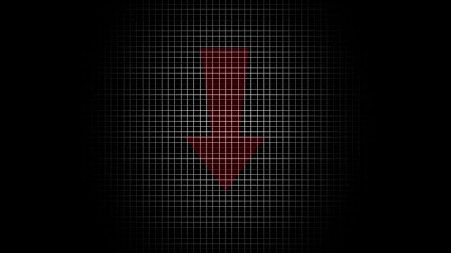 Bright red arrow pointing down on tech grid backdrop bold directed downward against a dark black screen with a green overlay, indicating financial market drop graph chart decline finance business