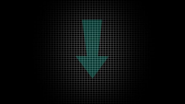 Cyan down arrow sign over dark technology grid a bright pointing centered on a digital screen, symbolizing loss or downward data trends graph chart decline finance business