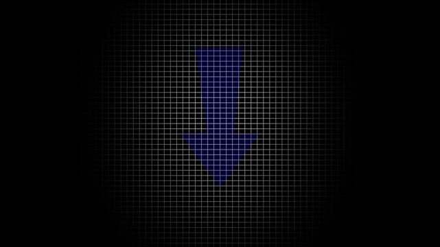 Blue arrow pointing down icon on dark grid background a symbol representing downward movement or download displayed over a structured technical download direction interface minimal design