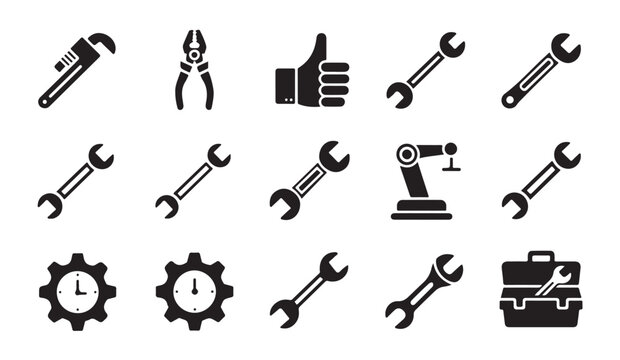 Mechanical workshop tools and repair equipment vector icons set for industrial maintenance.