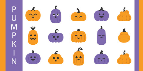 Fototapeta premium Colorful cartoon pumpkins with different expressions isolated on background