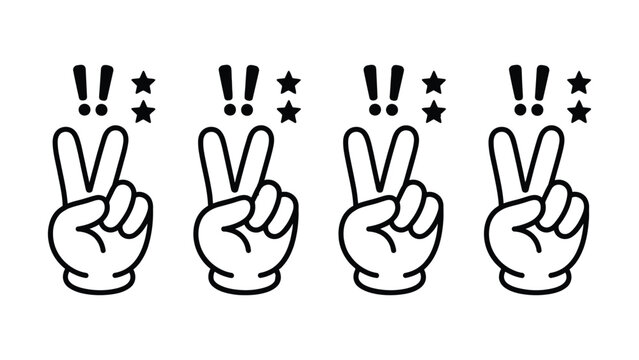 Four peace sign hands with exclamation marks and stars