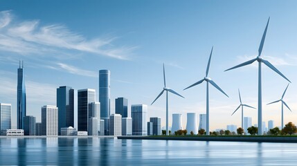 Fototapeta premium modern city skyline powered by renewable energy under peaceful blue sky, nuclear free future concept, realistic commercial photography