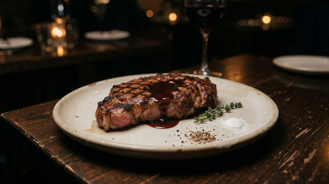 Gourmet Grilled Beef Steak with Red Wine Sauce in Fine Dining Setting