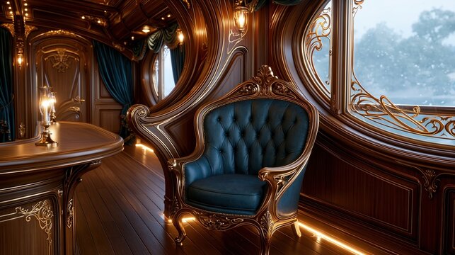 Luxurious vintage armchair in a richly decorated wooden interior with ornate windows