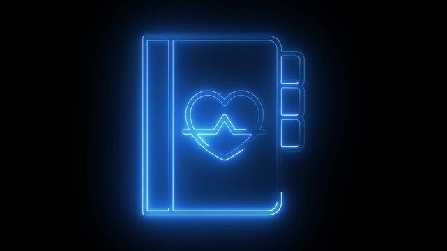 Glowing Teal Neon Medical Record Book with Heart Pulse Icon Animation Futuristic Digital Health Record Symbol: Glowing Neon Cardiology Folder