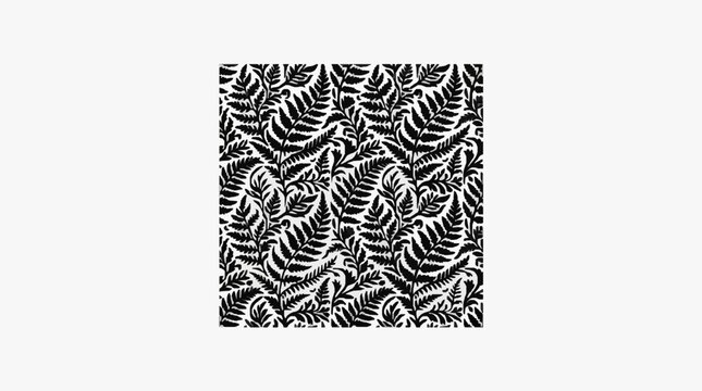 Intricate black and white fern leaf pattern design.