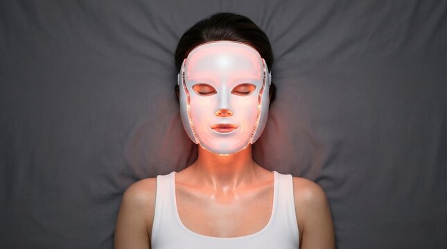 Top view of woman relaxing with red LED light therapy facial mask
