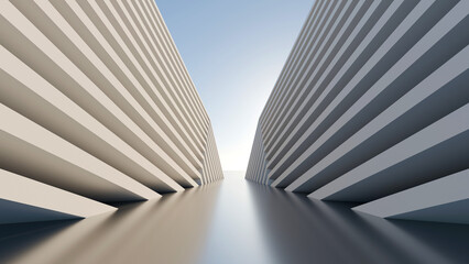 Fototapeta premium Symmetrical 3D architectural corridor with repeating white geometric fins, glossy floor, and blue sky. Perfect for modern tech backgrounds and corporate web banners