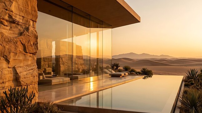 Stunning luxury villa exterior with infinity swimming pool overlooking vast desert dunes during golden hour light under clear sky with sleek modern architectural lines.