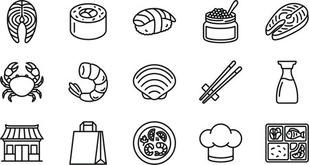 Japanese Sushi and Seafood Restaurant Line Icon Set with Salmon Shrimp Crab Roll Caviar Bento Box and Chopsticks Symbols © MstMinara