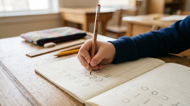 Close-up of a student's hand writing, Child writing in workbook