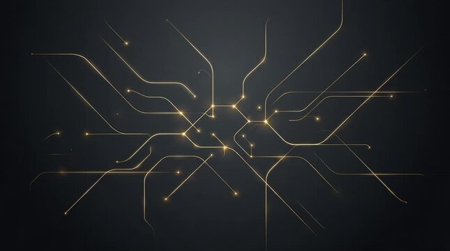 Abstract circuit line network with glowing golden node dark background, futuristic technology pattern, seamless loop, abstract circuit lines with glowing points dark background, futuristic digital