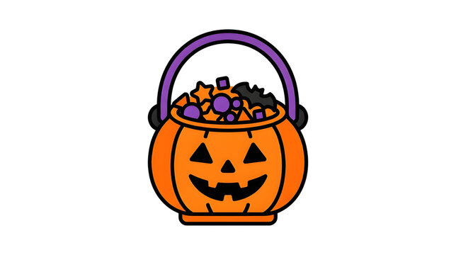 Halloween pumpkin candy bucket filled with sweets trick or treat vector illustration