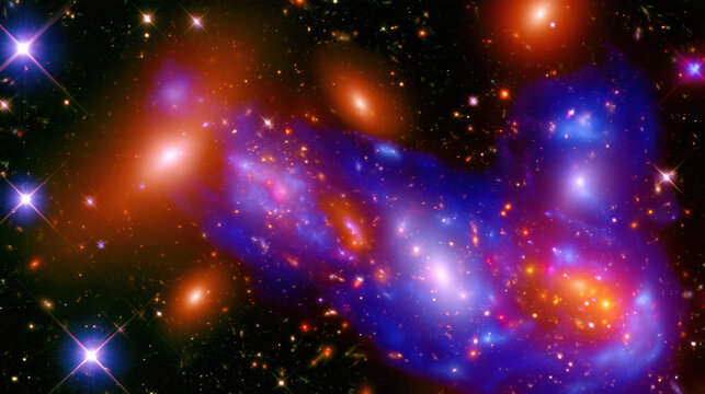 A galaxy cluster located in deep space with many galaxies and bright stars. The colors mix blue, orange, and purple across the cluster