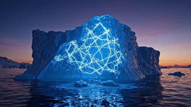 A glowing iceberg in tranquil waters under a twilight sky.