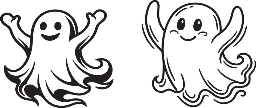 Two smiling ghosts isolated on transparent background for halloween decorations