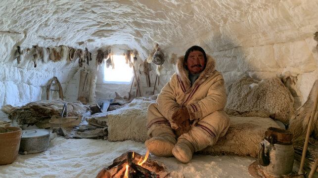 A man sits near a fire inside a snow-covered igloo. The interior shows fur and tools. The light from the fire creates warmth in the cold area. The atmosphere reflects the harsh environment