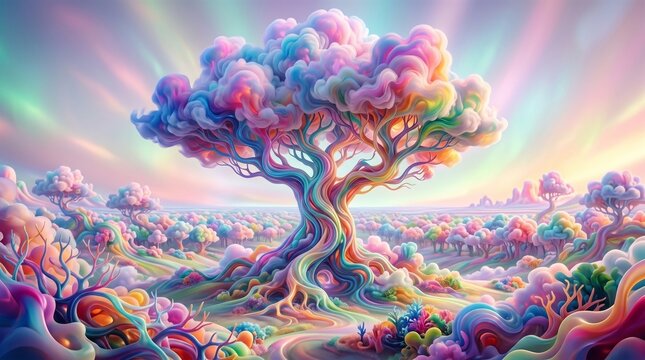 Colorful fantasy tree glowing above dreamy clouds, vibrant magical world