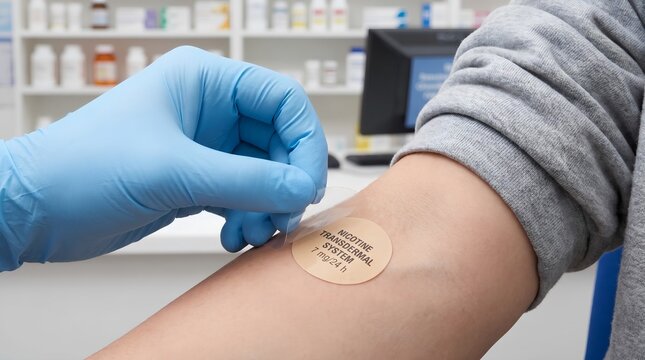 Person applying a nicotine transdermal medical patch to their upper arm in a pharmacy consultation room, smoking cessation and addiction treatment process