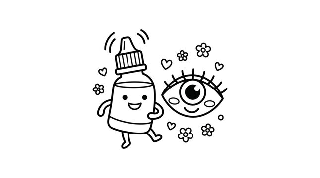 Corporate of Animated Eye Drop Bottle Character with Happy Face and Eye Black and White with high quality professional line art symbols for modern creative design and digital branding projects