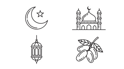 Fototapeta premium Ramadan Kareem icons set with mosque, crescent moon, lantern and dates